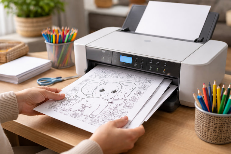 Child coloring a page at a table with a turned off TV in the background