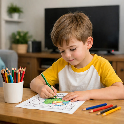 Child coloring a page at a table with a turned off TV in the background