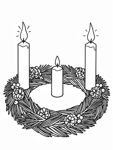 Pine advent wreath with pinecones, berries, and three lit candles coloring page
