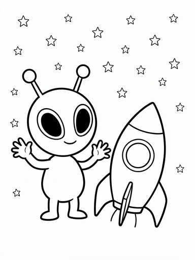 Alien spaceship coloring page with a waving alien beside its rocket with a round window