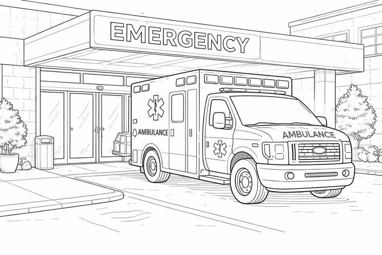 Ambulance outside an emergency room entrance with city buildings PDF preview