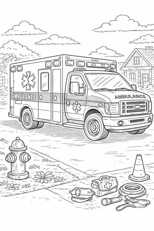 Ambulance in City coloring page showing an ambulance on a neighborhood street with a hydrant, traffic cone PDF preview