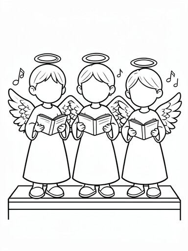 Three angel children with wings and halos singing from open songbooks on risers coloring page