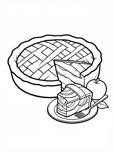Whole apple pie with woven lattice crust and one lifted slice on a plate coloring page