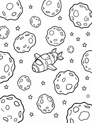 Small spacecraft flying through a field of tumbling asteroids coloring page