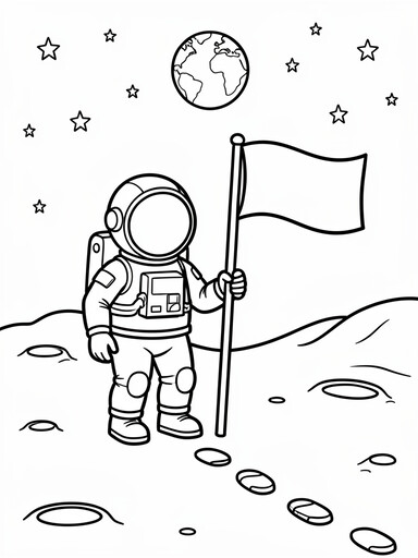 Astronaut planting a flag on the moon surface with craters coloring page