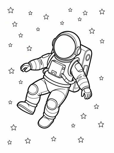Astronaut floating weightless in open space with a tether line coloring page