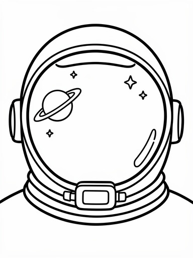 Astronaut helmet visor reflecting a ringed planet and stars coloring page