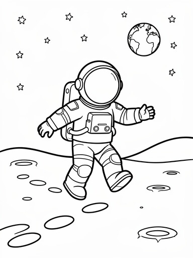 Astronaut moonwalk coloring page with an astronaut bouncing across craters and leaving boot prints
