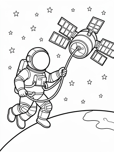 Astronaut tethered outside a space station module coloring page