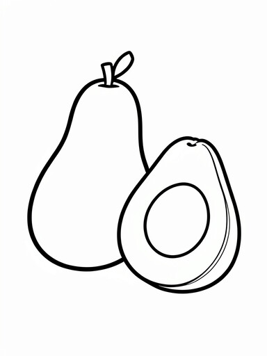 Avocado coloring page showing a whole pear-shaped avocado beside a halved avocado with a round pit PDF preview