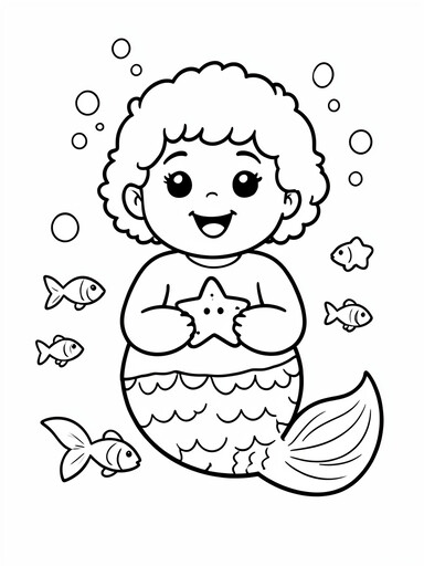 Cute baby mermaid with curly hair and chubby arms holding a starfish with small fish and bubbles around her coloring page