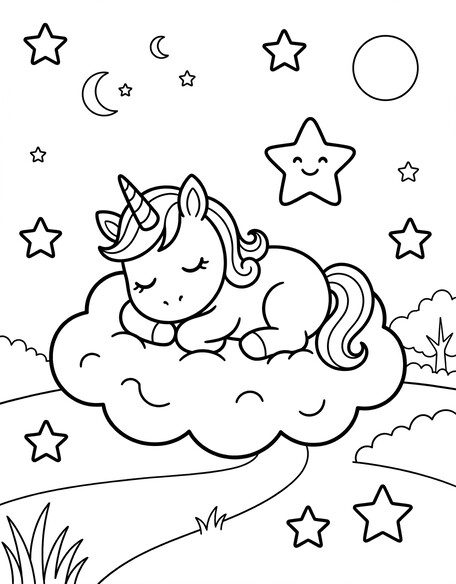 Baby Unicorn on a Cloud with Stars coloring page showing a young unicorn resting on a fluffy cloud with stars PDF preview