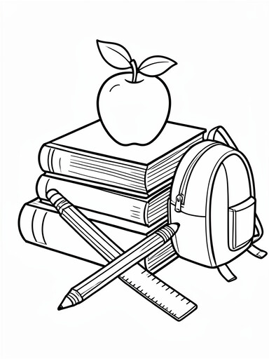 Stack of school books with apple on top, crossed pencils, ruler, and backpack coloring page