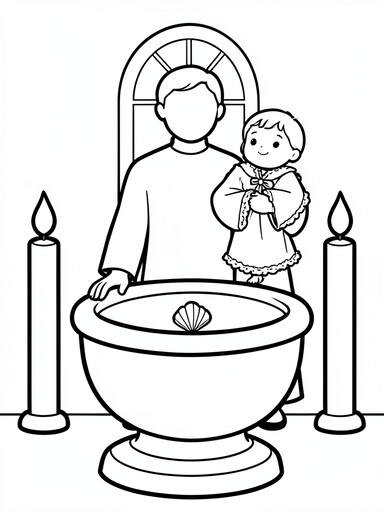 Baptism scene with minister, baby in christening gown, round font, shell, and two candles coloring page