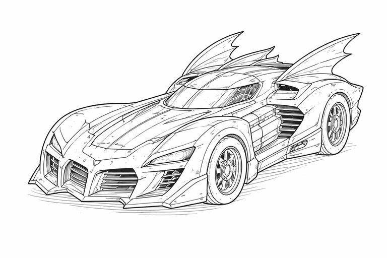 Batmobile coloring page showing the iconic superhero car in a bold side view with large wheels and a long pointed PDF preview