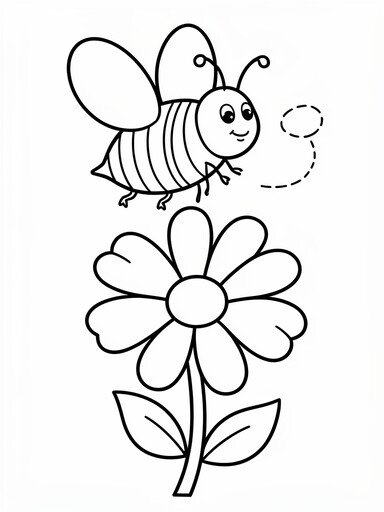 Bee coloring page showing a striped honey bee hovering above an open flower