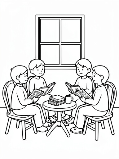 Four people sitting in chairs around a round table reading open Bibles coloring page