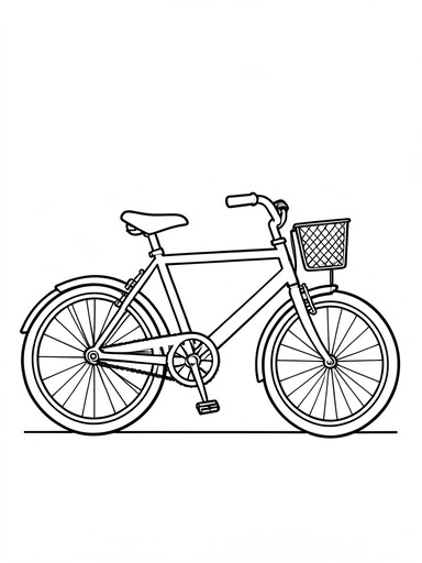 Bicycle coloring page showing a classic bike with spoked wheels and a rear basket