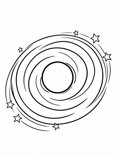 Black hole coloring page with a swirling accretion disk circling a round center and stars