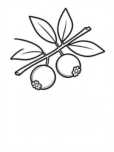 Blueberries coloring page showing two round berries on a leafy branch with blossom end marks PDF preview