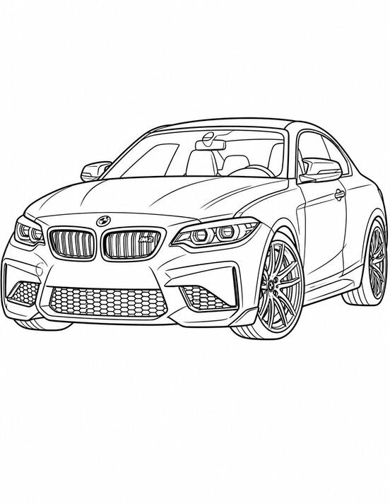 BMW M2 coloring page showing a sporty front three-quarter coupe view with bold wheels, low body lines, and a wide PDF preview