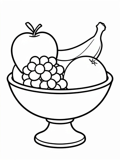 Fruit bowl coloring page showing a pedestal bowl holding an apple, grapes, a banana, and an orange PDF preview
