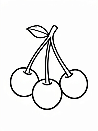 Cherry coloring page showing a bunch of three round cherries joined by curved stems with a small leaf PDF preview