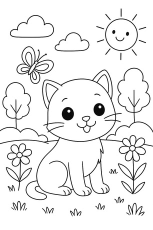 Cat with Butterfly, Sun, and Flowers Coloring Page