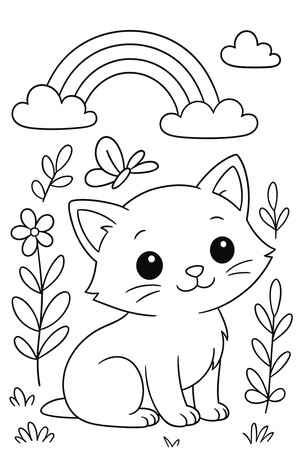 Free Coloring Page: Kitten with Rainbow