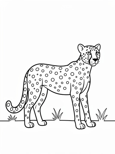 Cheetah coloring page showing a cheetah on the open grassland