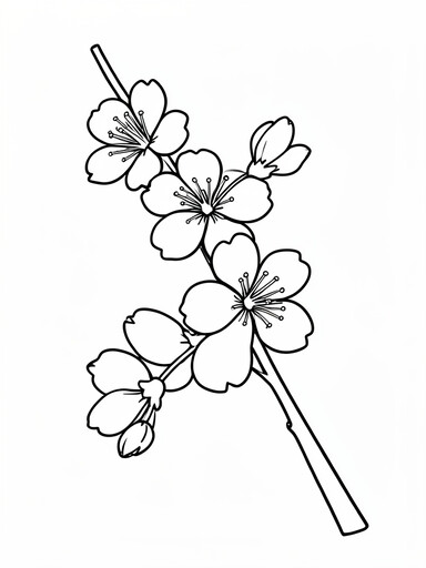 Cherry blossom branch with open flowers and buds, each with notched petals, coloring page