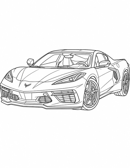 Chevrolet Corvette coloring page showing a front three-quarter vehicle view with bold wheels, clear body lines PDF preview