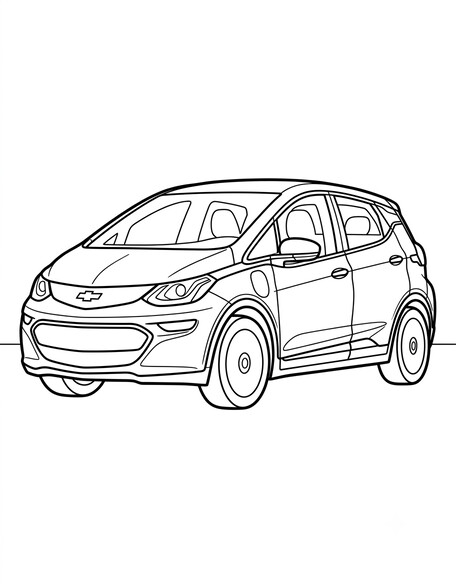 Chevy Bolt EV coloring page showing a compact electric hatchback with a badge-only front panel PDF preview