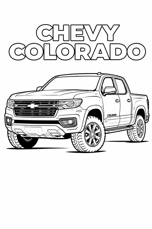 Chevy Colorado Pickup coloring page showing a front three-quarter vehicle view with bold wheels, clear body PDF preview