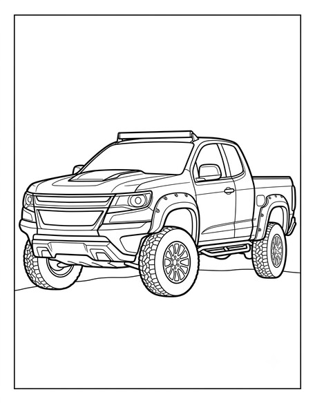 Chevy Colorado ZR2 coloring page showing wide fender flares and tube-style rock rails PDF preview