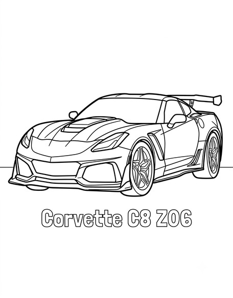 Chevy Corvette Z06 coloring page showing a wide-body supercar with a tall rear wing and quad exhaust tips PDF preview
