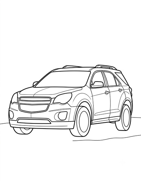 Chevy Equinox coloring page showing a compact crossover SUV with roof rails and a bold grille PDF preview