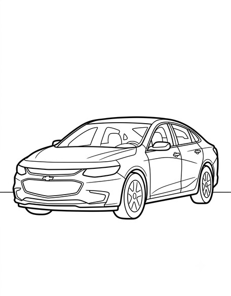 Chevy Malibu coloring page showing a mid-size sedan with a sloped fastback-style roofline PDF preview