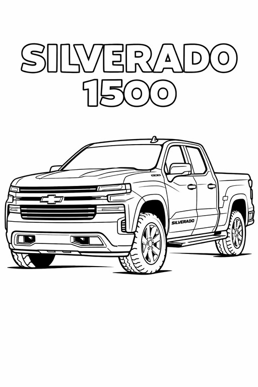 Chevy Silverado 1500 Pickup coloring page showing a front three-quarter vehicle view with bold wheels, clear body PDF preview