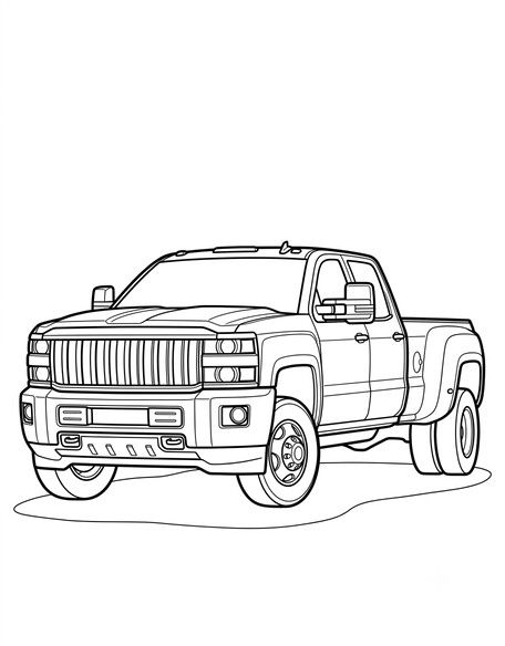Chevy Silverado 2500HD coloring page showing a tall heavy-duty pickup with dual rear wheels PDF preview