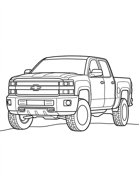 Chevy Silverado Trail Boss coloring page showing a lifted pickup on chunky off-road tires PDF preview