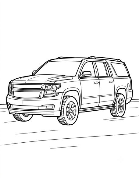 Chevy Suburban coloring page showing an extra-long full-size three-row SUV with roof rails PDF preview
