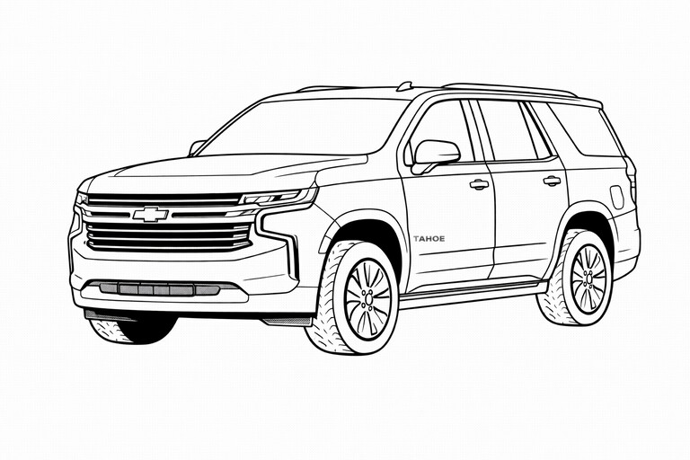 Chevy Tahoe coloring page showing a front three-quarter vehicle view with bold wheels, clear body lines PDF preview