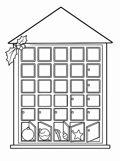 Christmas advent calendar coloring page with numbered doors and holly