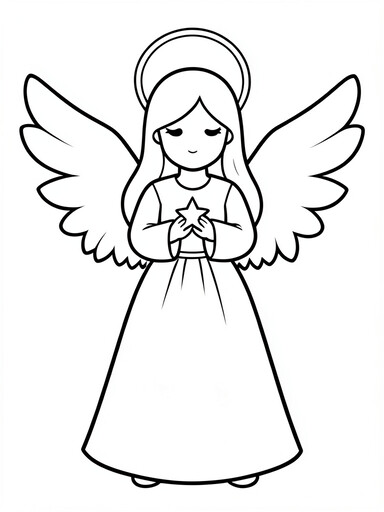 Christmas angel coloring page showing a winged angel holding a star in a flowing gown PDF preview