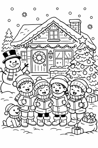 Christmas carolers singing outside a decorated house with lights and snow