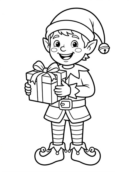 Christmas elf coloring page showing a full-body cheerful elf in classic costume holding a wrapped gift box PDF preview