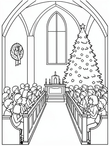 Church pews filled with candle-holding worshippers beside a decorated Christmas tree and arched window coloring page
