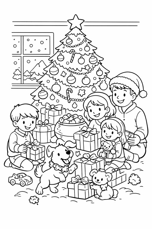 Christmas Family Gifts Tree coloring page showing a family gathered around a decorated tree while opening PDF preview
